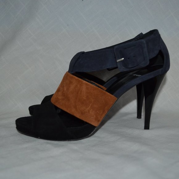 Sz 37 6.5 Pierre Hardy Navy Brown Suede Buckle Strap 4" Heels - Picture 1 of 9